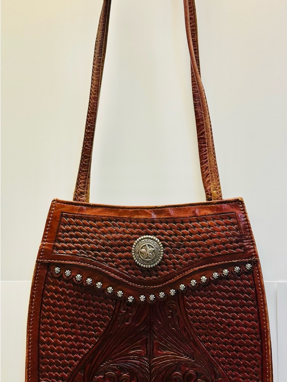 Tooled Brown Leather Shoulder Bag with Concho Detail